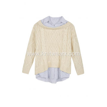 Women's Knitted Woven Collar&Hem Cable Crew-Neck Pullover